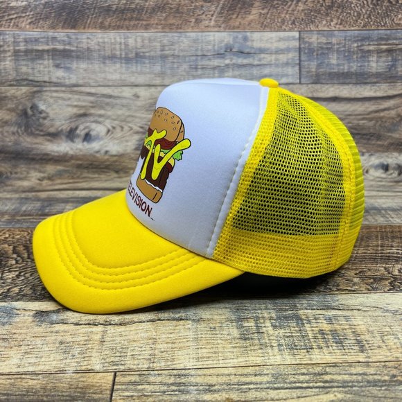 MTV Hamburger Mens Trucker Hat Yellow Snapback 80s Retro Logo Baseball Cap - Picture 4 of 8